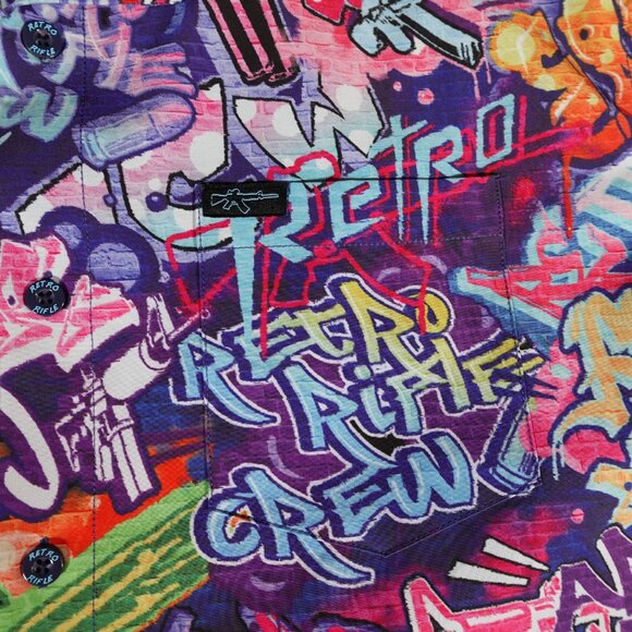 Retro Rifle Graffiti Button Shirt Mens Large Stretch Colorful Art - Picture 2 of 9